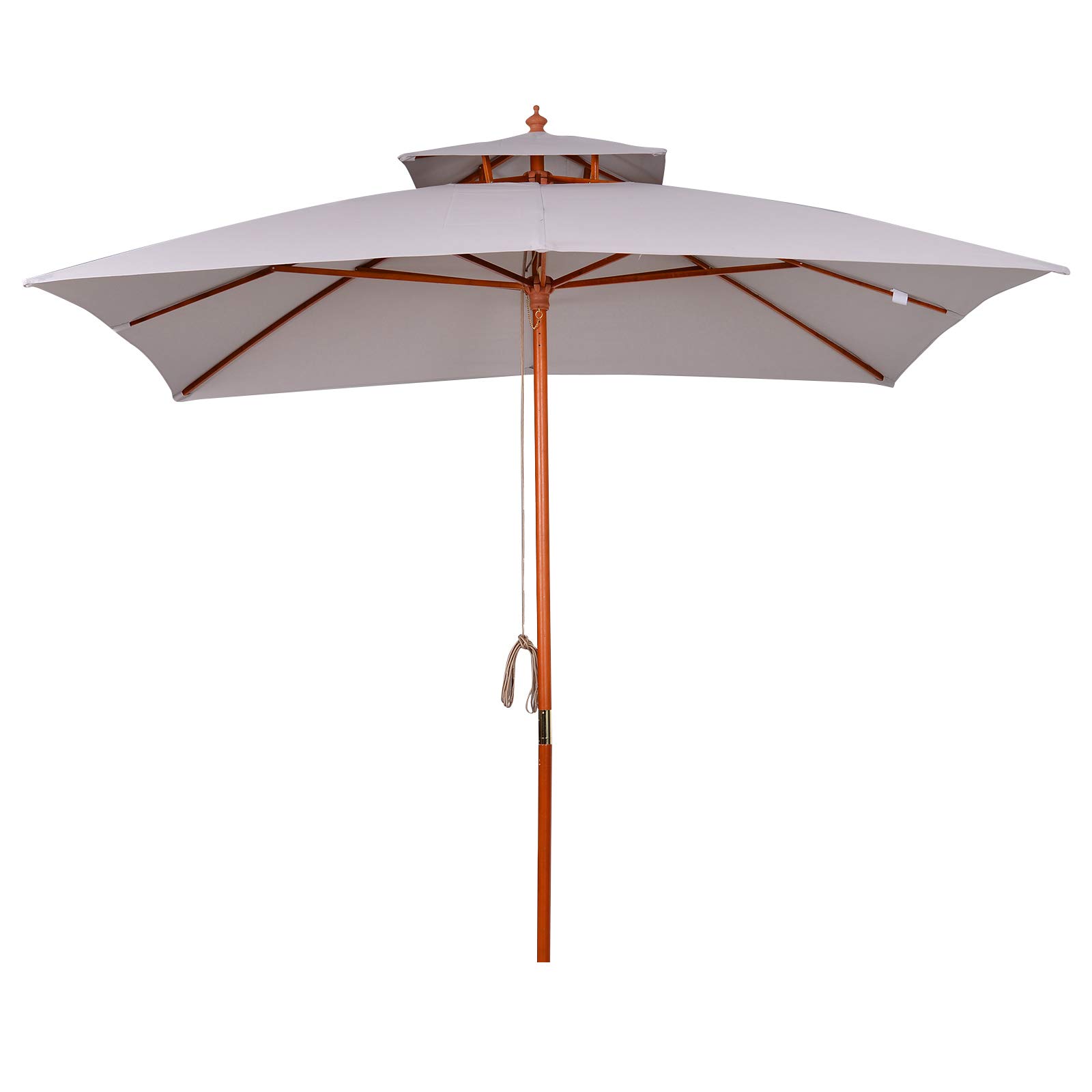 Outsunny Sombrilla de Jardín 3x3x3 m Parasol de Jardín de Bambú con Doble Techo Sistema de Polea Impermeable para Terraza Balcón Exterior Gris