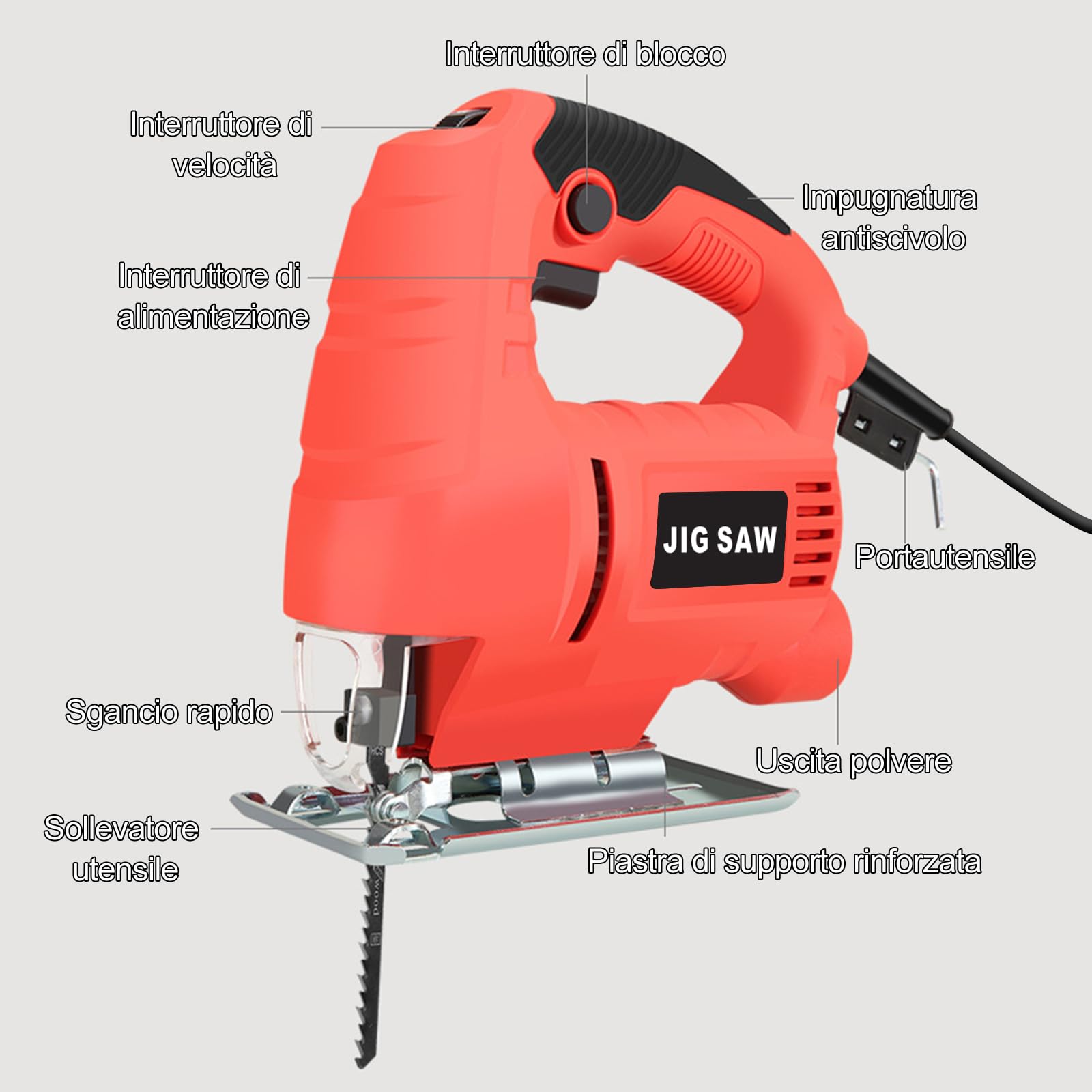 Seghetto alternativo elettrico, 710 W, 2800 SPM, 6 marce, regolabile, con taglio obliquo di ±45°, con righello di guida e 15 lame per legno, metallo e plastica