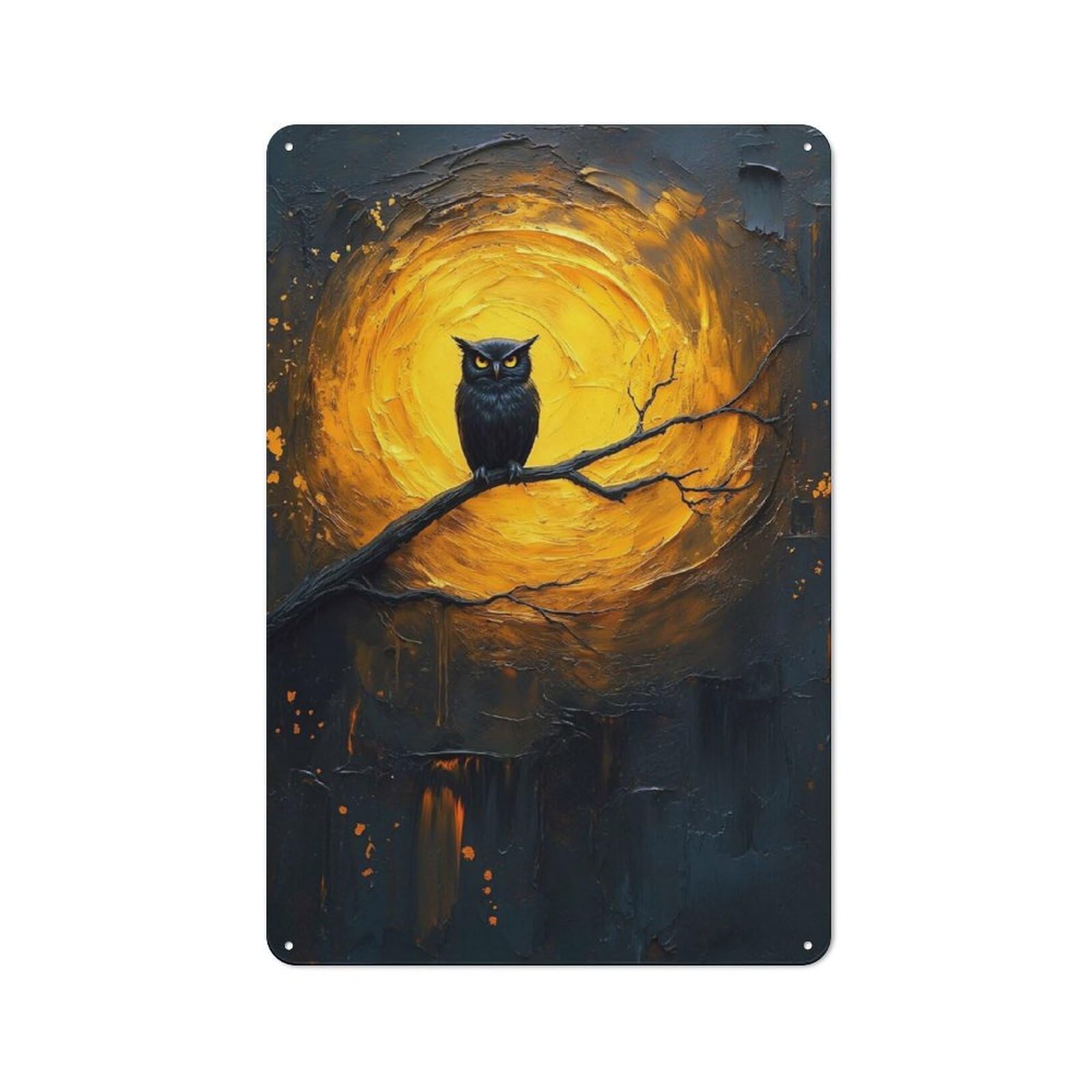 Owl Perched on Branch, Full Moon Workshop Style Metal Wall Decor 30x20cm, Decorative Metal Plaque for Garage, Workshop, Shed Or Utility Room
