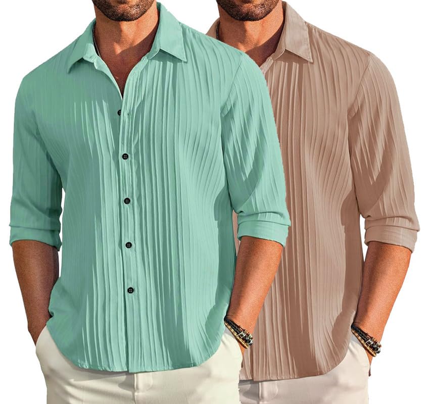 Image of DEELMO Combo of Men's Casual Button Down Shirts Long Sleeve Linen Shirt Fashion Textured Summer Shirts Pack of 2