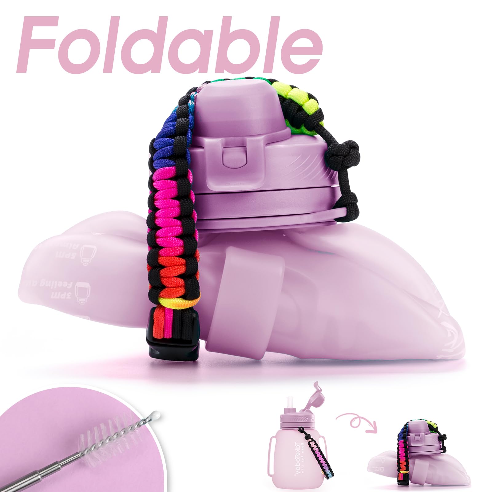 TakeToday Faltbare Trinkflaschen für den Außenbereich, 1134 g, Violett | Zeitmarkierung, BPA-freies Silikon, faltbar für Reisen, Paracord-Griff für Wandern, Fitnessstudio, Camping, auslaufsicher