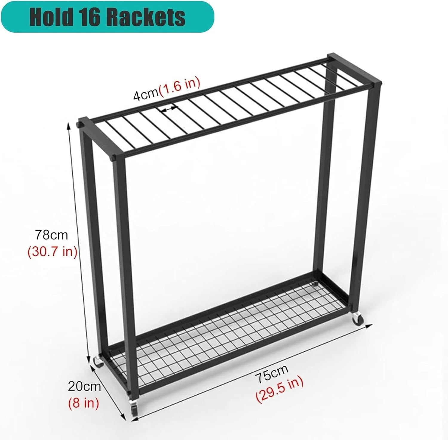 Sports Ball Storage Stand Racquet Organizer Cart for Tennis Racket & Badminton Racket, Large Capacity Upright Sports Equipment Holder Rack with Wheels