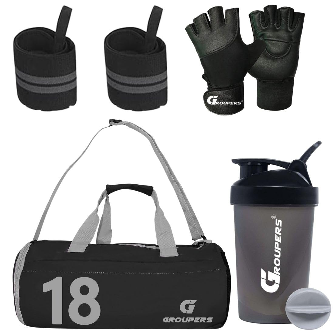 Combo Set of Duffle Polyester Bag with Shaker Bottle-400ml, Wrist Band & Gloves (Black 18)-image-10