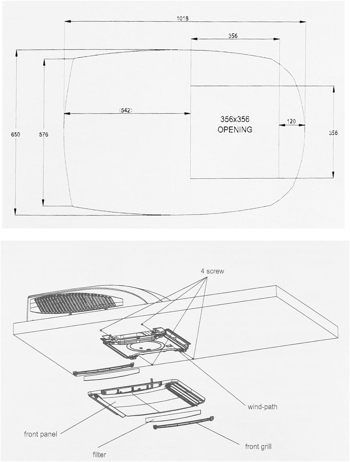 Vechline Roof Air Conditioner package contents including outdoor unit, indoor unit, remote, mounting hardware, and seals