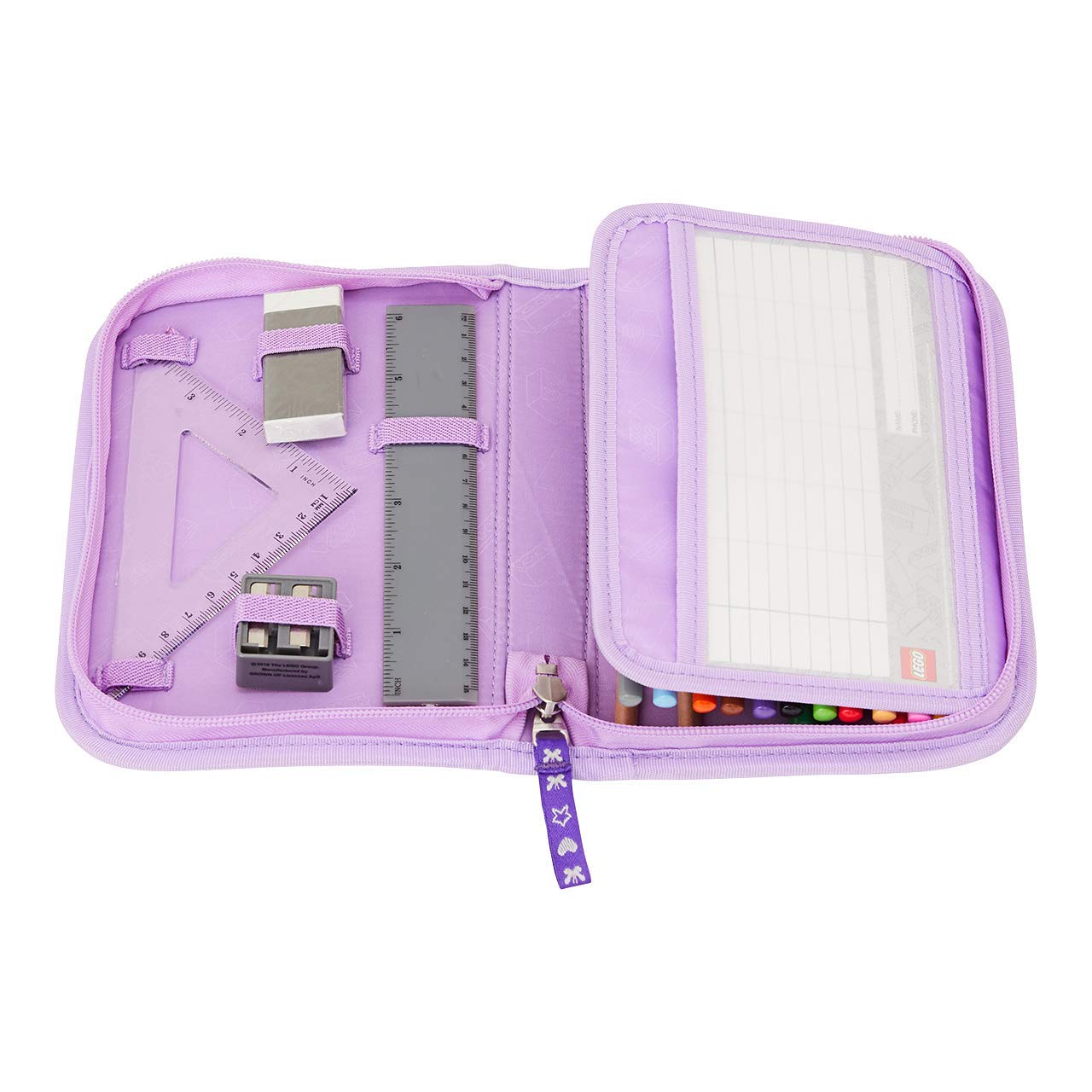 Lego Bags Federmäppchen, Federmappe 20 teilig gefüllt, Federtasche mit Lego Stars Motiv, Stiftebox lila, Schüleretui mit Inhalt, Schul Etui mit Namensfeld, Stundenplan, Lineal und Anspitzer