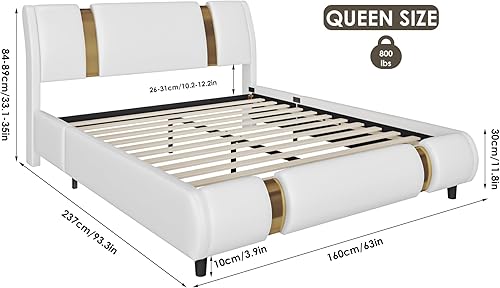 Miniatura 10 de TTVIEW Base de cama tapizada de piel sintética moderna con decoración de metal de hierro cabecera curvada ajustable soporte de listones de madera no