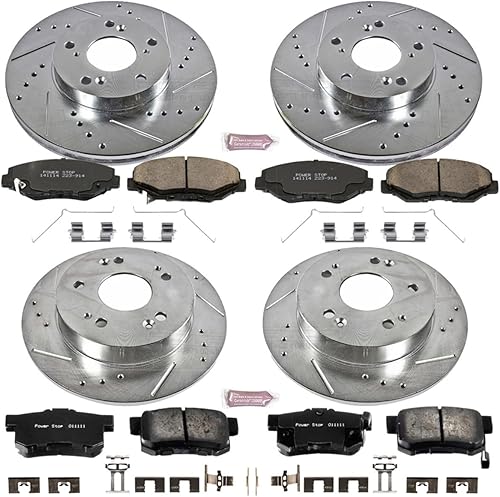 Miniatura 2 de Power Stop K6781 Pastillas de freno delanteras y traseras Z23 de fibra de carbono con rotores de freno perforados y ranurados Kit para Acura ILX