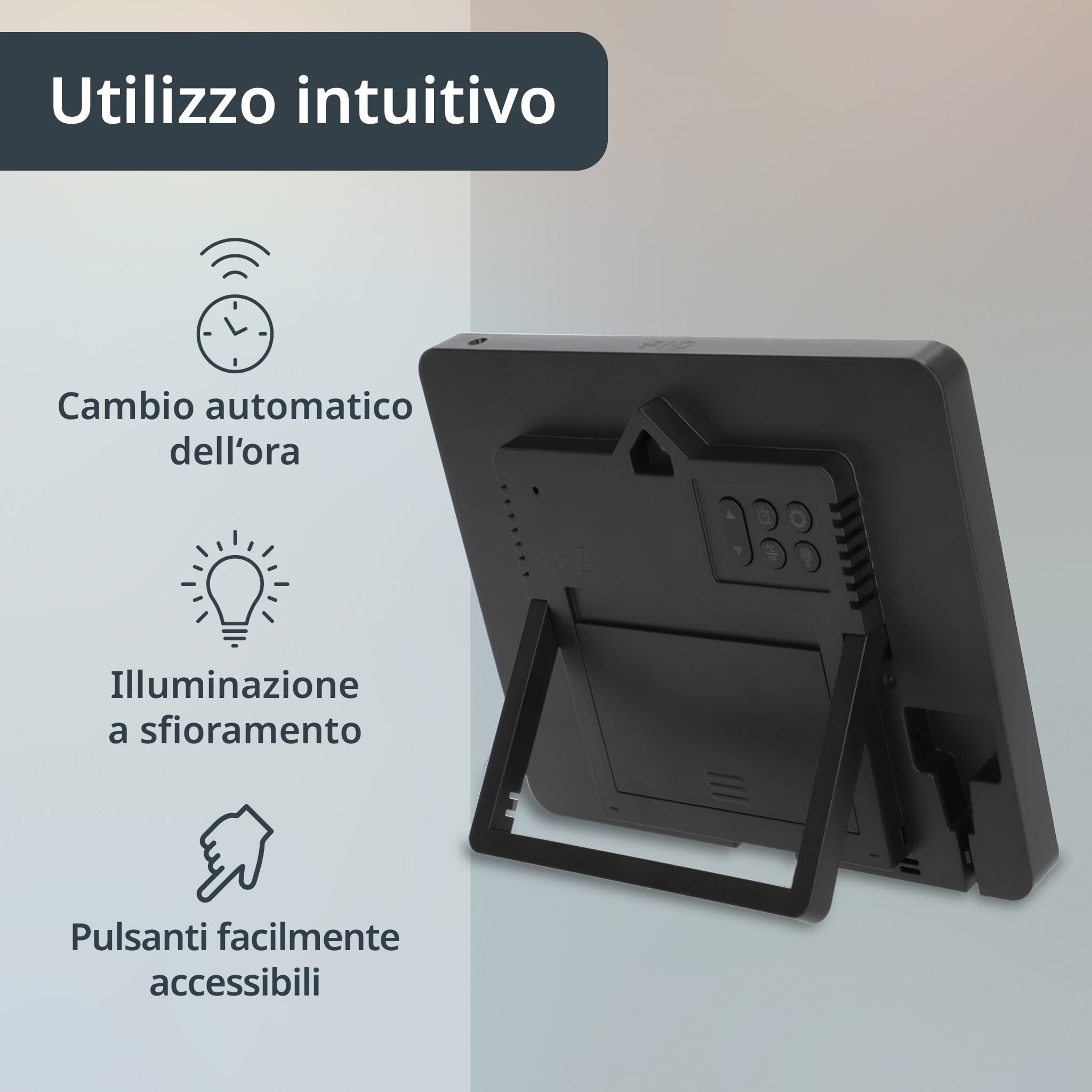 ADE Orologio digitale radiocontrollato con cifre molto grandi | Orologio da tavolo o parete con 2 orari di sveglia e illuminazione | Termometro Igrometro | Cornice stretta in nero opaco
