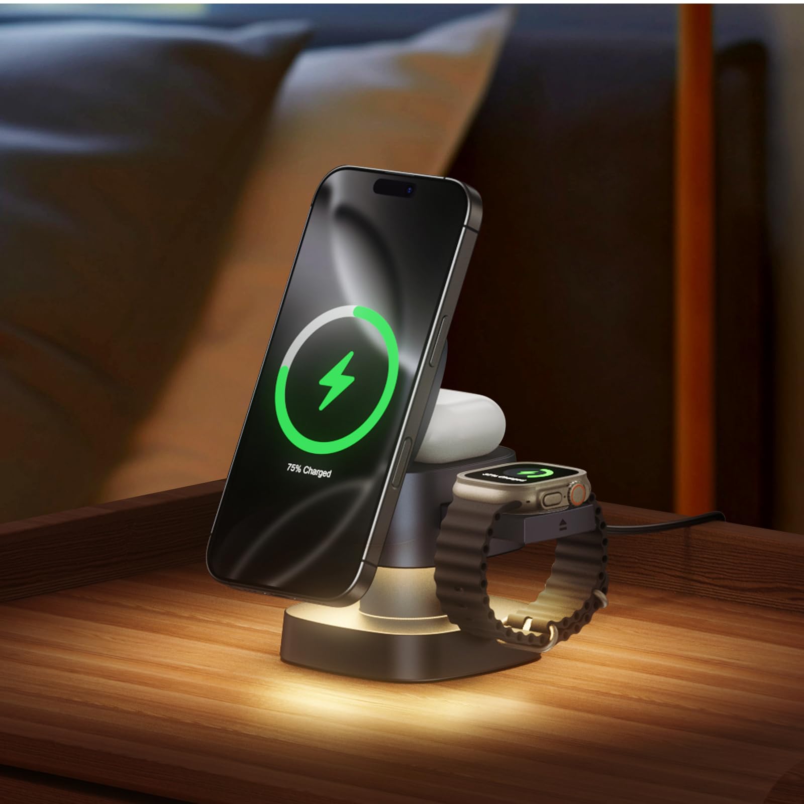 Photo 1 of ?2026 Upgraded?4 in 1 Wireless Charger, 3 in 1 Wireless Charging Station with Night Light for MagSafe Charger, 15W Magnetic Travel Stand for iPhone17/Air/Pro/Max/16/15/14, Apple Watch, Airpods (Gray)