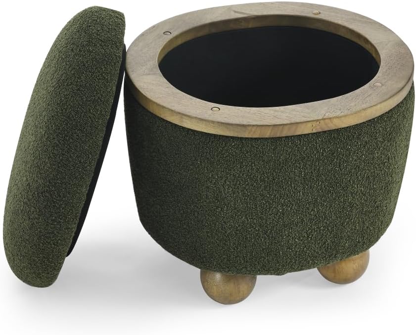 Round Storage Stool, Storage Stool with Storage Space and Cushioned seat, Available in Bedroom, Living Room, entryway-Dark Green