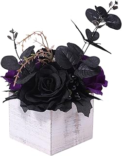Halloween Flower Decor,Day of The Dead Artificial Black Flowers Bouquet with Wooden Vase - Mysterious Desktop Ornament for...