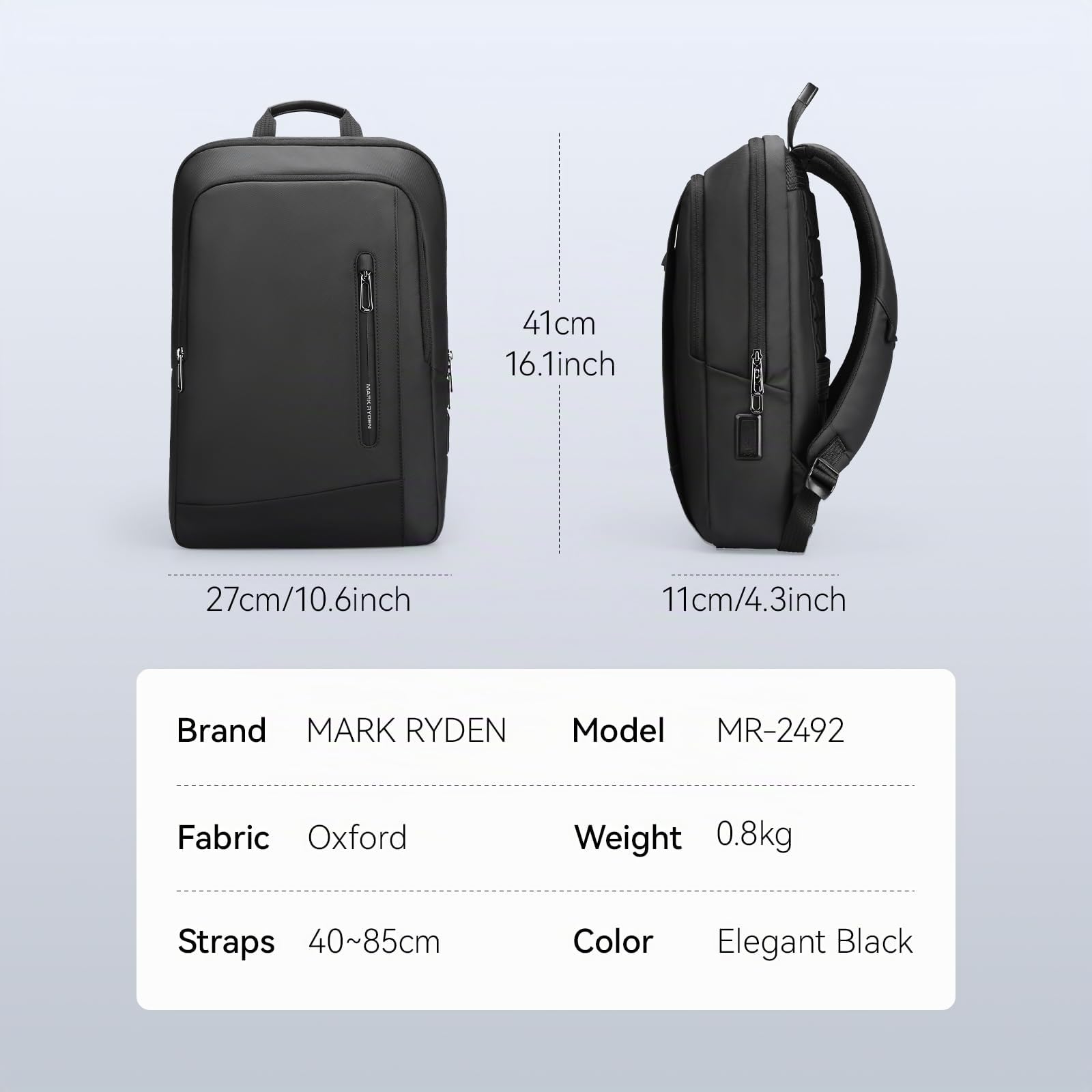 MARK RYDEN City Mochila para hombre, bolsillo múltiple, mochila ligera para el trabajo, desplazamientos para ordenador portátil con compartimento para ordenador de 15,6 pulgadas - Negro