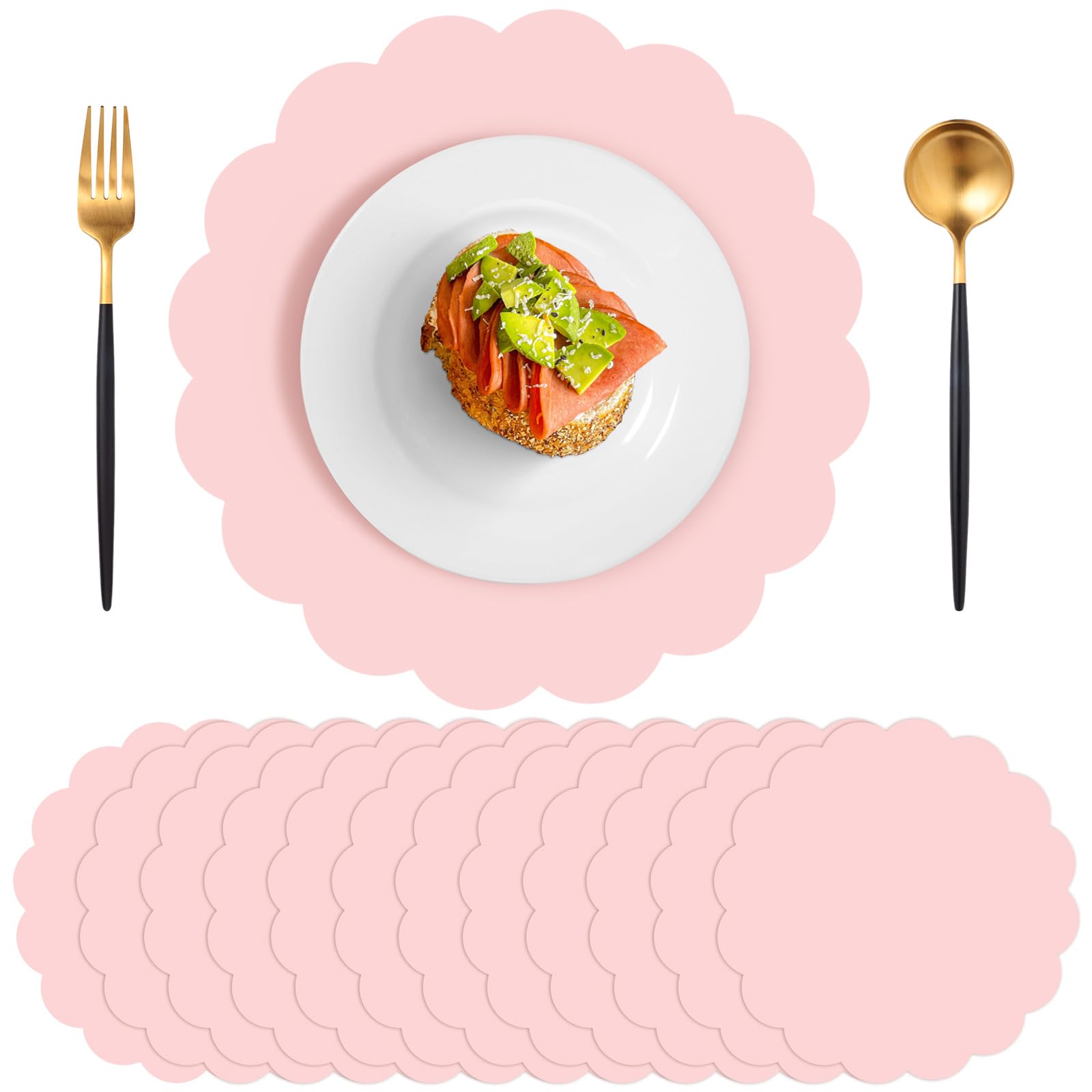 Photo 1 of 120 Pcs Light Pink Paper Placemats, 13.5 Inch Disposable Scalloped Placemat Round Table Place Mats Decorative Paper for Girls Birthday Wedding Bridal Shower Baby Shower Banquet Tea Party
