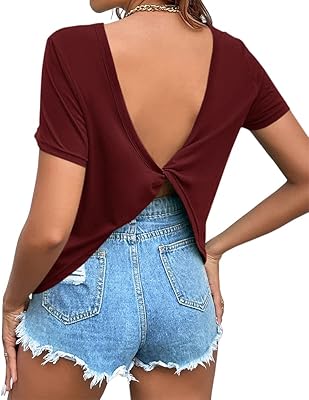 Women's Twist Backless Short Sleeve T Shirts Tops Round Neck Curved Hem Casual Workout Tee T-Shirts