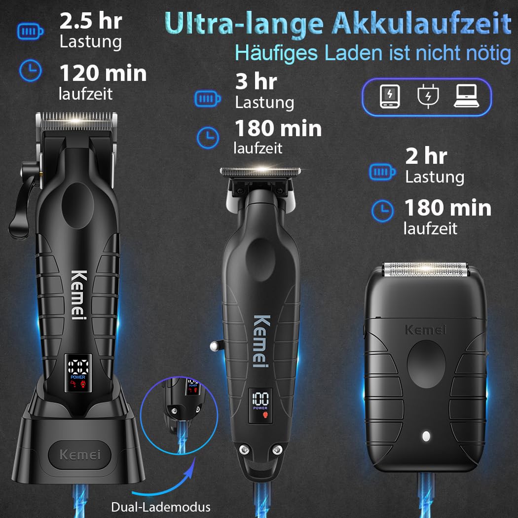 KEMEI 3 in 1 Kabelloser Haarschneider, Hair Trimmer & Folienrasierer Herren | Barber Set mit LED-Display, 8000RPM Motor & USB/Dock-Ladung(Schwarz)
