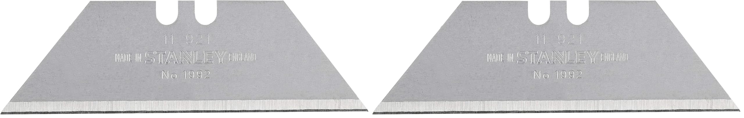 Stanley Trapezklingen 1992 (ohne Lochung, 62mm Klingenlänge, für allgemeine & schwere Schneidarbeiten in Teppich & Vinyl, 100 Stück in einer Kunststoff-Box) 1-11-921, Silber (Packung mit 2)