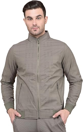 Crimsoune Club Men's Khaki Printed Mock Neck Bomber Jacket