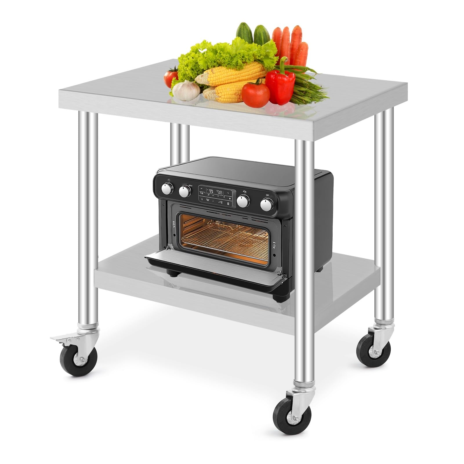 GarveeTech Mesa de trabajo de acero inoxidable, mesa de cocina ajustable con ruedas para preparación de alimentos, 91 x 60 cm, mesa de metal profesional para restaurante, hotel, cocina grande