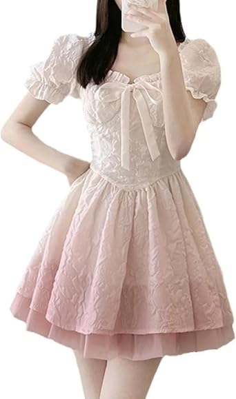 Fairy Lolita Dress Women Kawaii Dress Puff Sleeve Dress Cute Bow Tie Lace Dress Pleated A-Line Dress