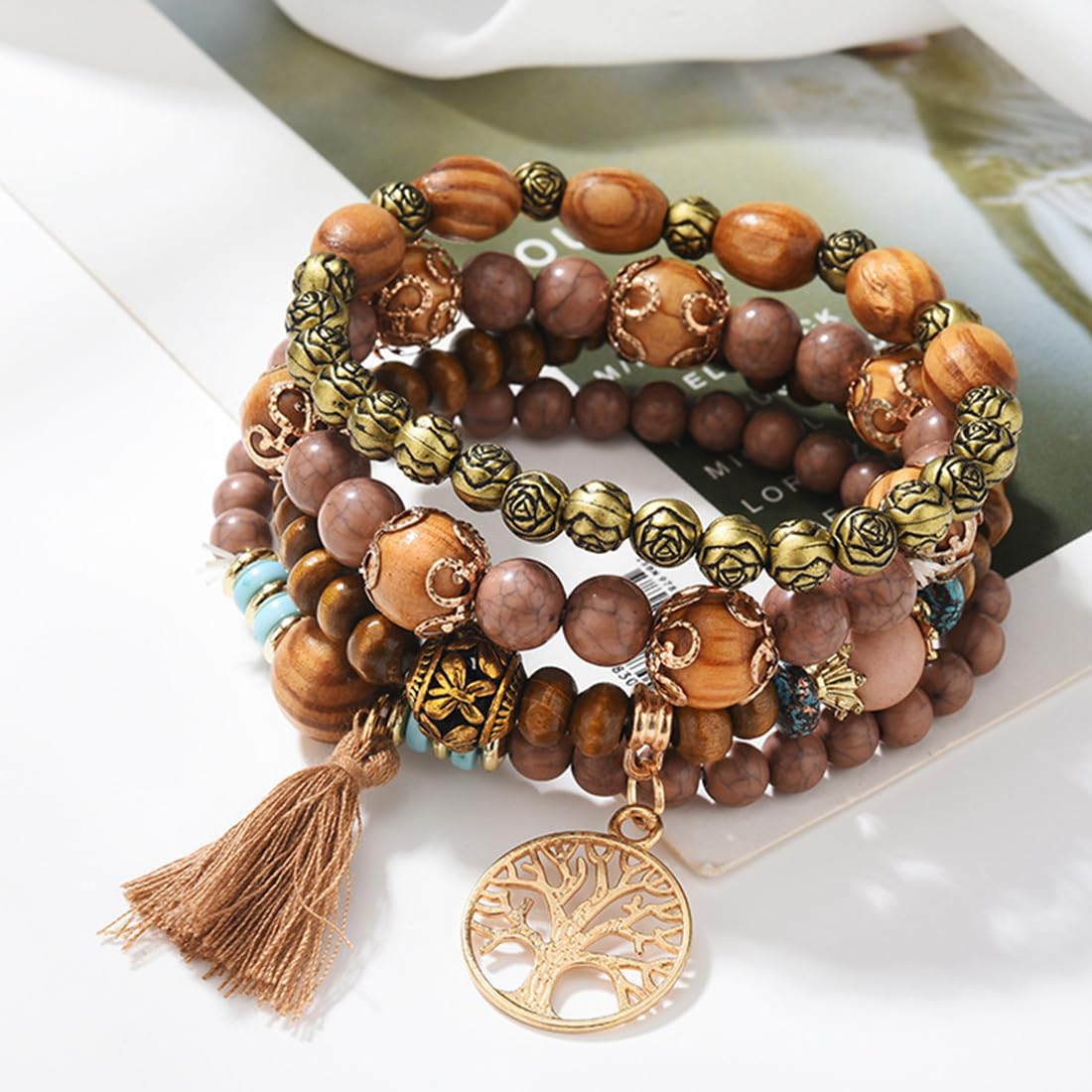 Bransoletka boho z drewnianymi koralikami, bransoletka czakra dla kobiet, naturalne kryształowe kamienie lecznicze, bransoletka dla kobiet, drzewo życia, charms