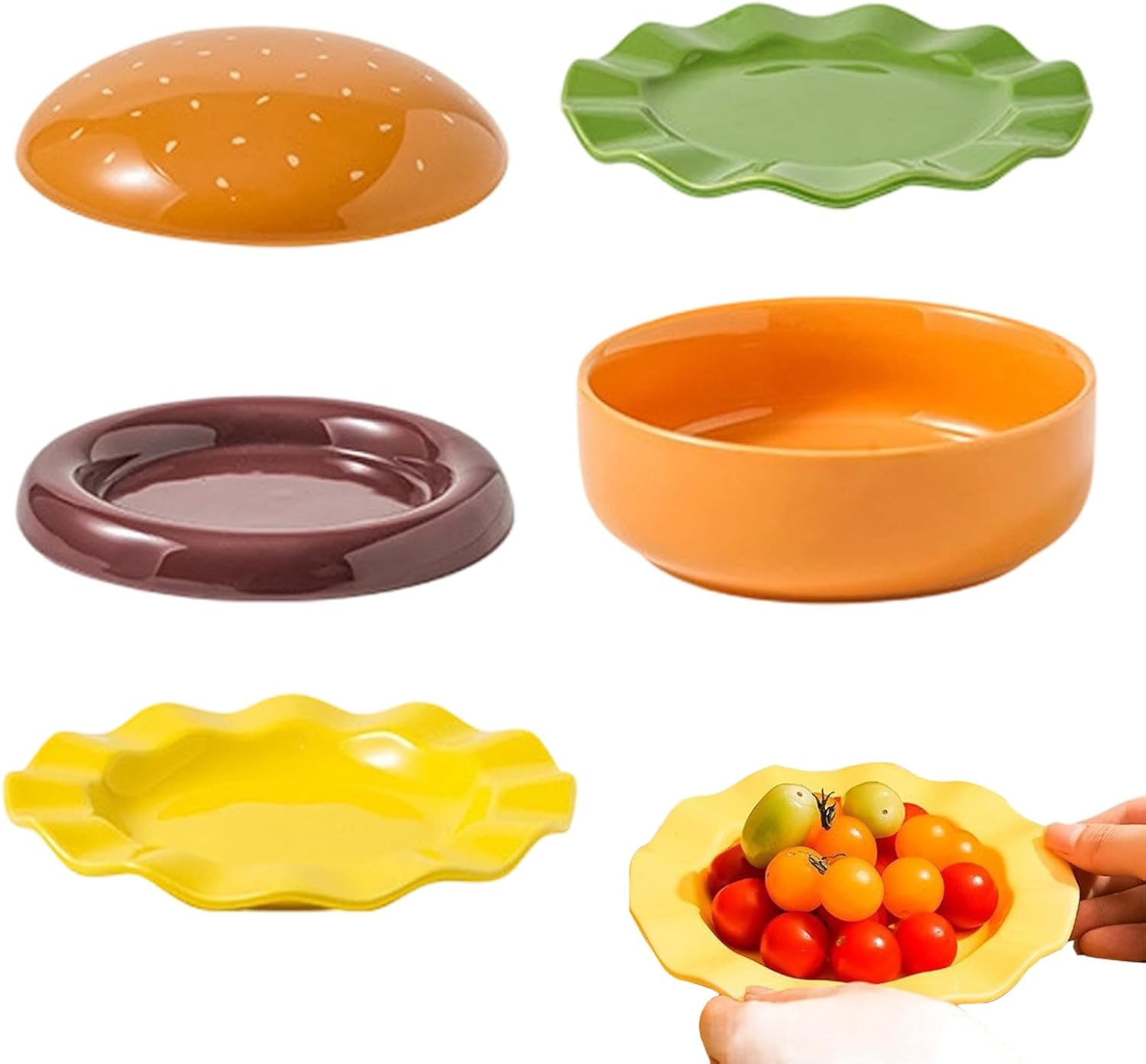 Burger Ceramic Plate Set, Stackable Ceramic Flatware, Cute Appetizer Plates for Party Hosts Event Planners Family Dinner Picnic Barbecue Gathering