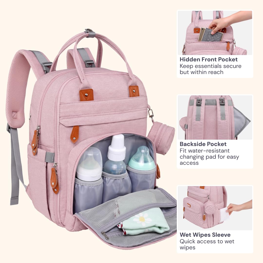 BabbleRoo Zaino per pannolini con fasciatoio per neonati, unisex, grande capacità, borsa multifunzione, impermeabile, da viaggio con custodia per ciuccio staccabile