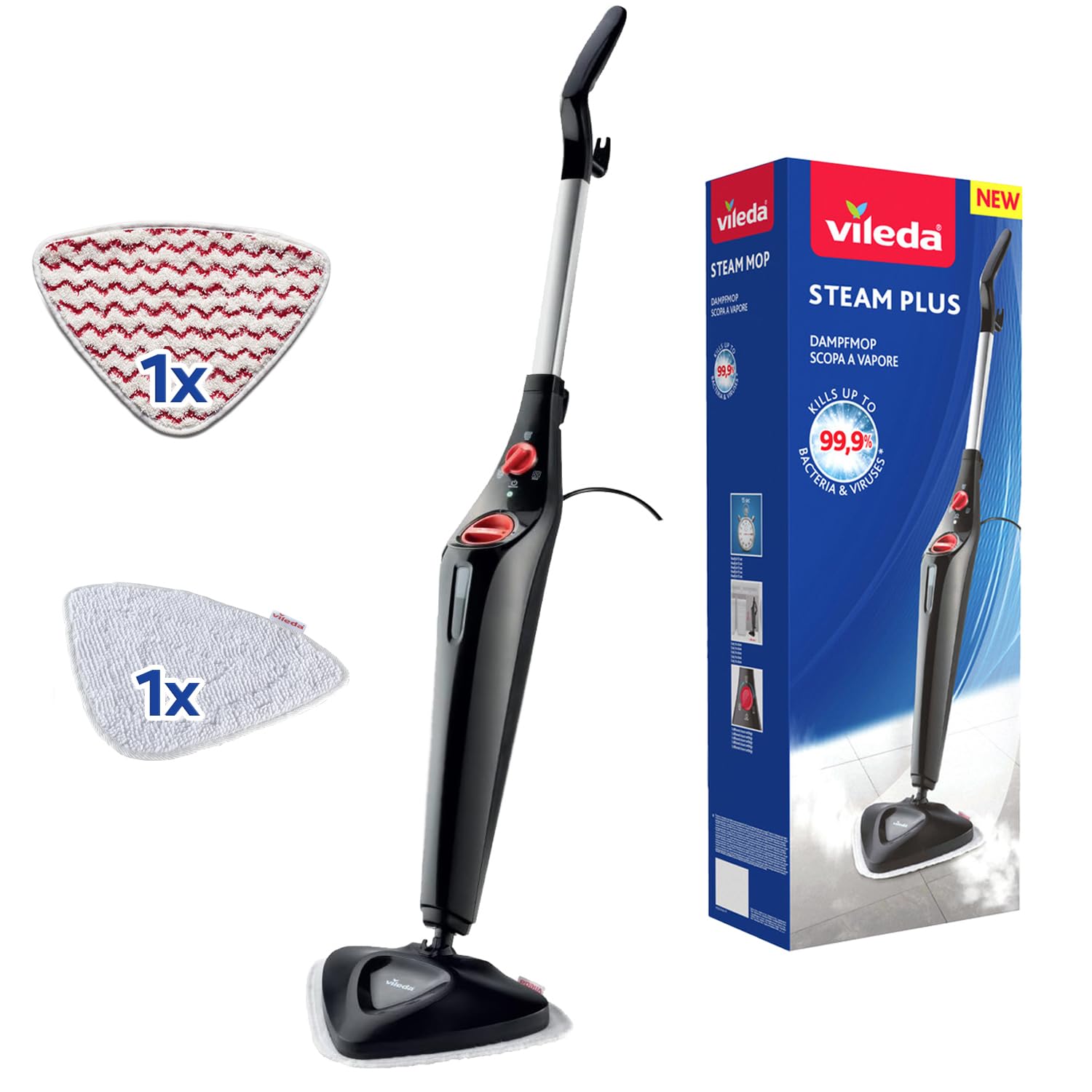 Vileda Steam Plus con Power Pad y funda de microfibra, Negro, ancho