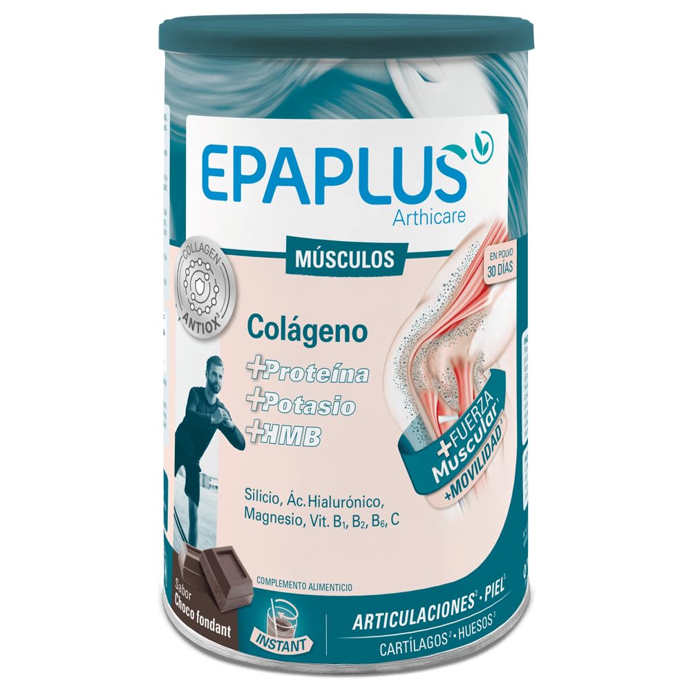 EPAPLUS Arthicare Colágeno Músculos en Polvo 504 g | Con 10 g Colágeno Hidrolizado, HMB 2,​5 g, Proteína, Magnesio y Potasio | Vitaminas C, B1, B2 y B6 | Sabor Chocolate | Sin Azúcar | 30 Días