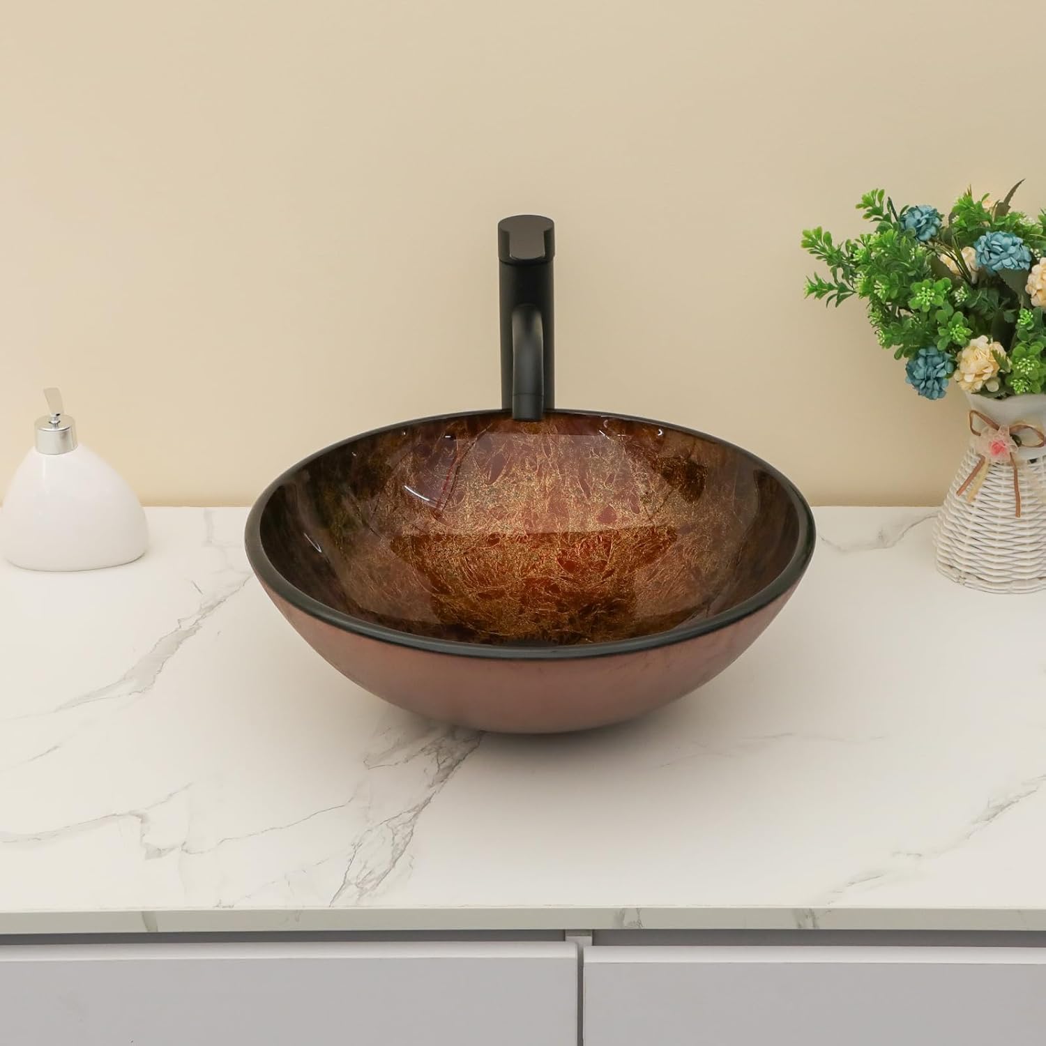 Kichae Round Glass Vessel Sink - 16" x 16" Tempered Glass Bathroom Vessel Sink for Bathroom Vanity, Red with Gold Reflections Above Counter Art Basin with Pop up Drain