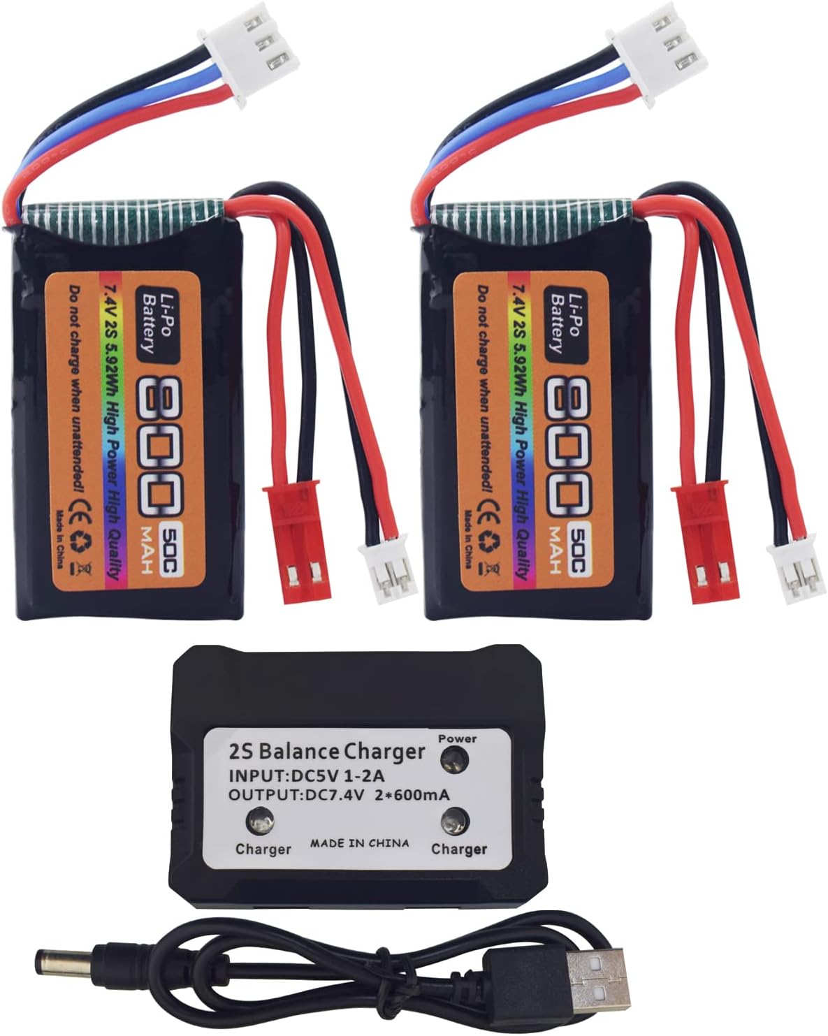 MOONZON 2PCS 7.4V LiPo 2S 50C JST and PH2.0 Plug 800mAh