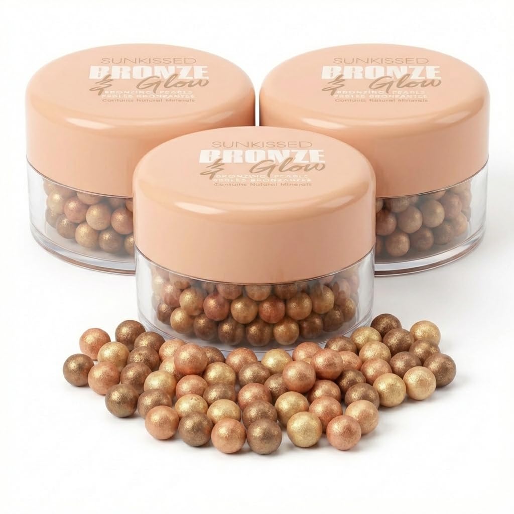 3 x SUNKISSED Bronze & Glow Bronzing Pearls - Natural Mineral Makeup Bronzer for Fair to Dark Skin - Vegan Friendly Cosmetic Bronzer, Set of 3, 45g Each