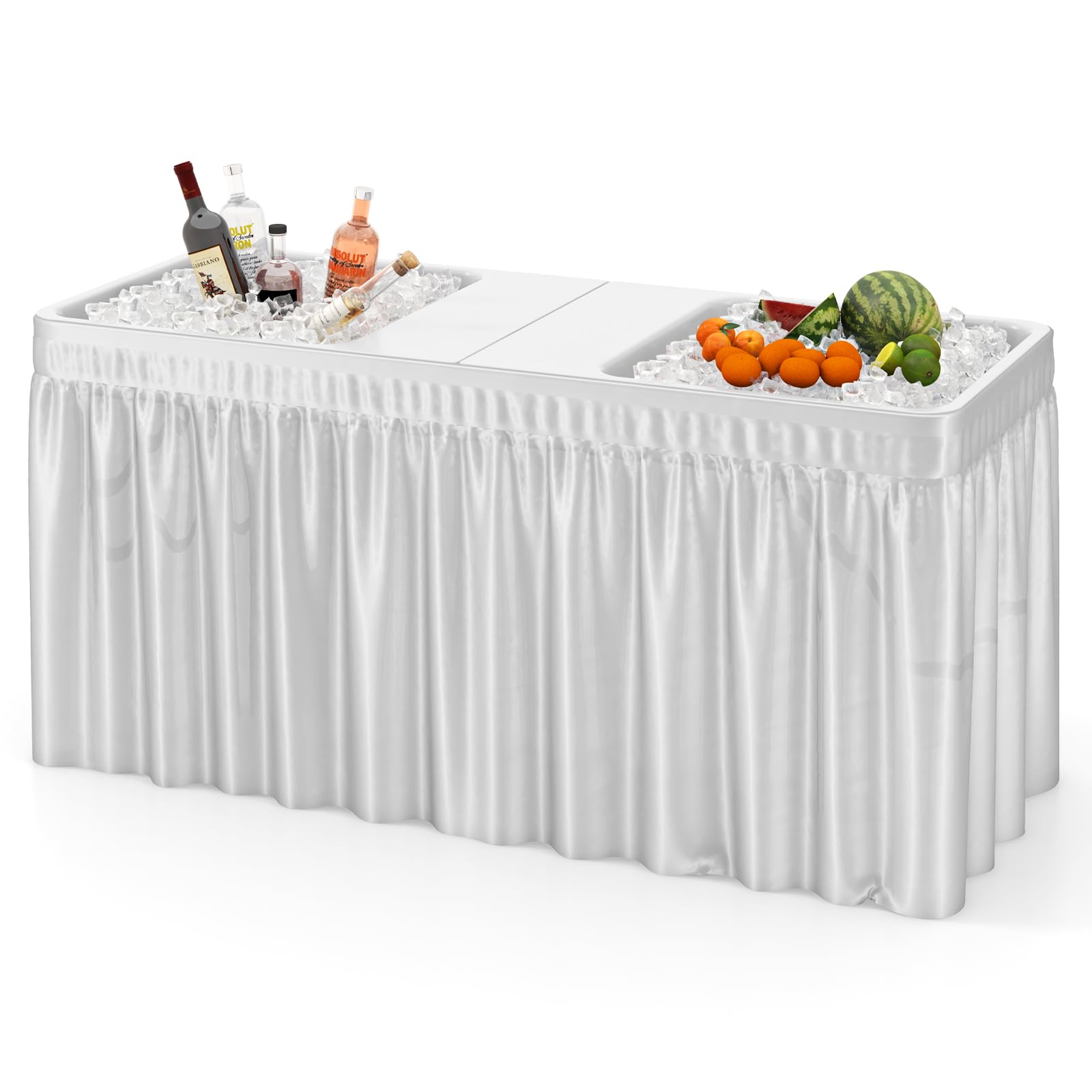 GYMAX Tavolo del Ghiaccio Pieghevole per Bevande e Alimenti Freddi, Tavolo Refrigerante con 2 Lavello, Gonna Rimovibile, Tubo di Scarico Regolabile, Piano in HDPE, per Campeggio, Feste, Picnic