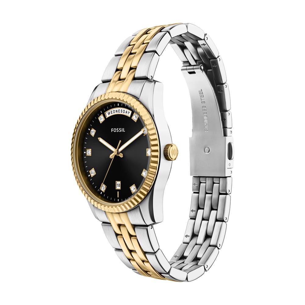 Fossil Scarlette Uhr für Damen, 34-mm Quarz-Dreizeiger-Datum-Uhrwerk mit Edelstahlarmband