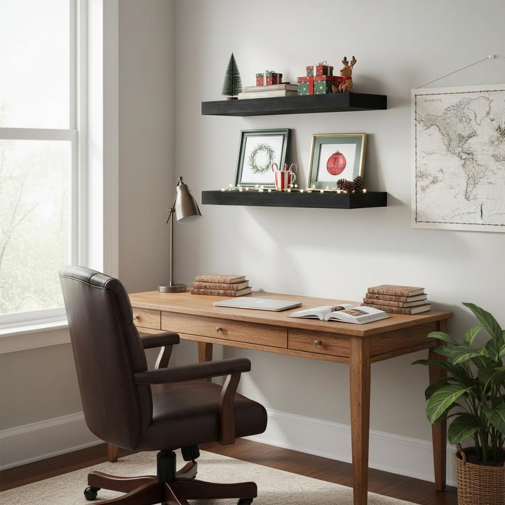 Black Floating Shelves for Wall 24 Inches Long, 12" Deep Wall Shelves 2" Thick, Heavy Duty Shelf for Bedroom, Bathroom, Living Room, Kitchen, Office, Home Decor, Modern Shelf Set of 2, 24" X 12" X 2"