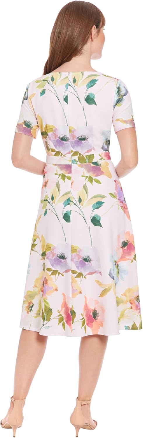 London Times Women's Women's A-line Midi Dress - Short Sleeve Fitted Waist with Bow Detail - Versatile Floral Dresses
