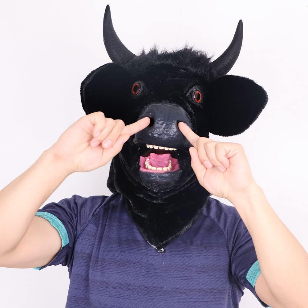 FantasyGears Cow Mask Moving Mouth Cosplay Costume Funny Halloween Mouth Mover Fursuit Head Animal Bull Mask for Adult