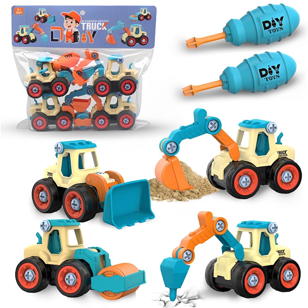 Juguetes de Vehículos de Construcción 4 en 1 para Niños a Partir de 2 Años, Set de Excavadoras DIY con Destornillador, Desmontar Camión de Ingeniería para Niños, Niños