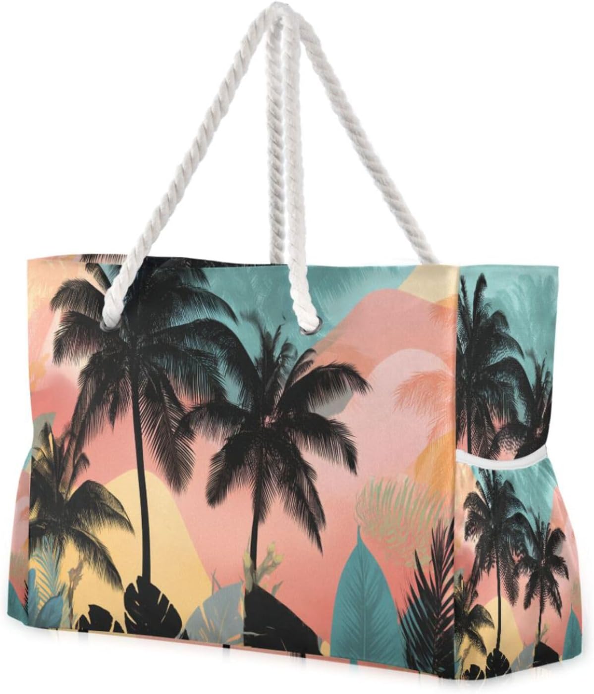 OTVEE Palm Trees with Tropical Leaves Beach Bags for Women Ladies Large Canvas Tote Shoulder Bag Waterproof Travel Bags for Gym Swim Pool Camping