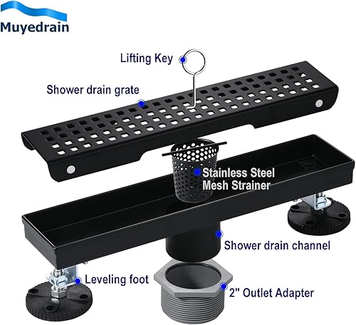 Miniatura 2 de Drenaje lineal de ducha rectangular de 12 pulgadas, rejilla extraíble con patrón cuadrado, negro mate, acero inoxidable SUS 304 de grado