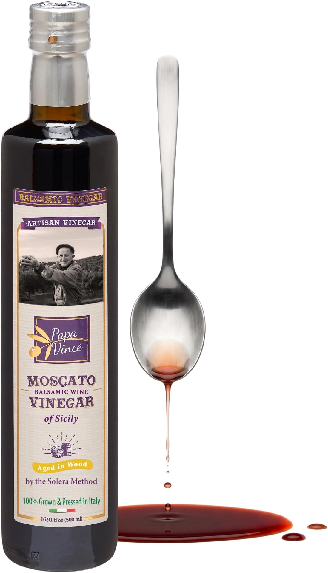 Raw Sweet Wine Vinegar, Unfiltered, Unpasteurized, Aged 8 Years, Sicily | Sweet, smooth, never harsh. Glass Bottle. Single origin: Sicily, Italy. Solera aged in wood. Salad dressing. 500 mL