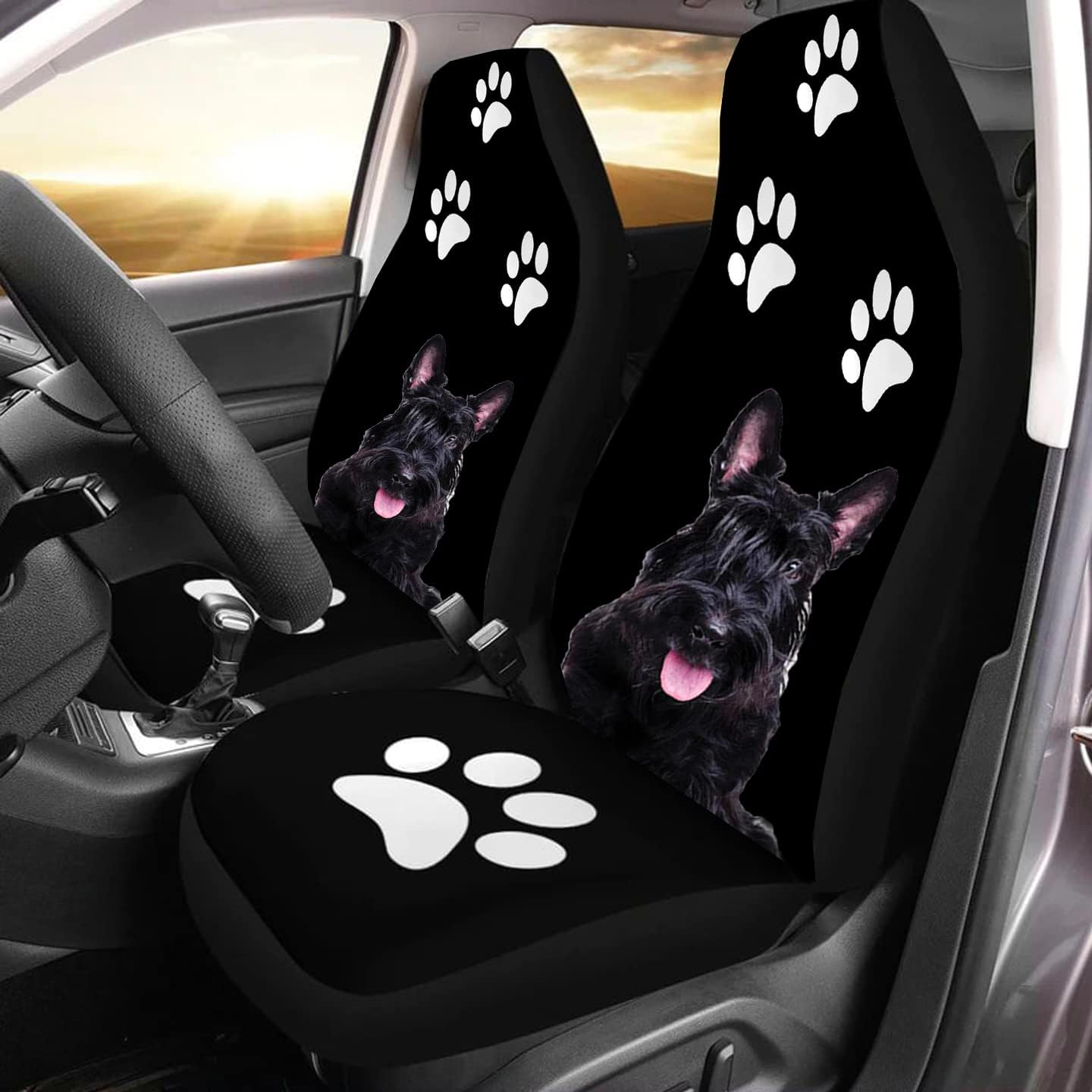 Scottish Terrier Dog Front Car Seat Covers, Scottie Dog with Dog Paws Pattern Automotive Seat Covers, Gift for Dog Lovers, Protector Auto Interior Accessories Set of 2 Vehicle Car SUV Truck
