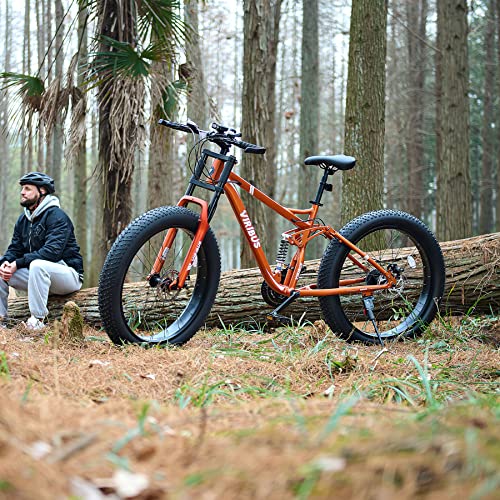 Viribus Fat Tire Mountain Bike For Men Women, 26 Inch Full Suspension Bicycle With Aluminum Alloy Frame Adjustable Seat, 21 Speed Adult Bike On Or Offroad Mtb With Disc Brakes Light & Gloves, Orange #TOP2
