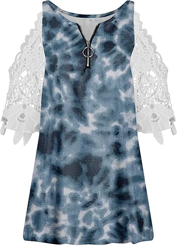 Miniatura 3 de Camisetas de verano para mujer, talla grande, casual, sexy, con hombros descubiertos, de encaje, manga corta, con cremallera, cuello en V, blusa