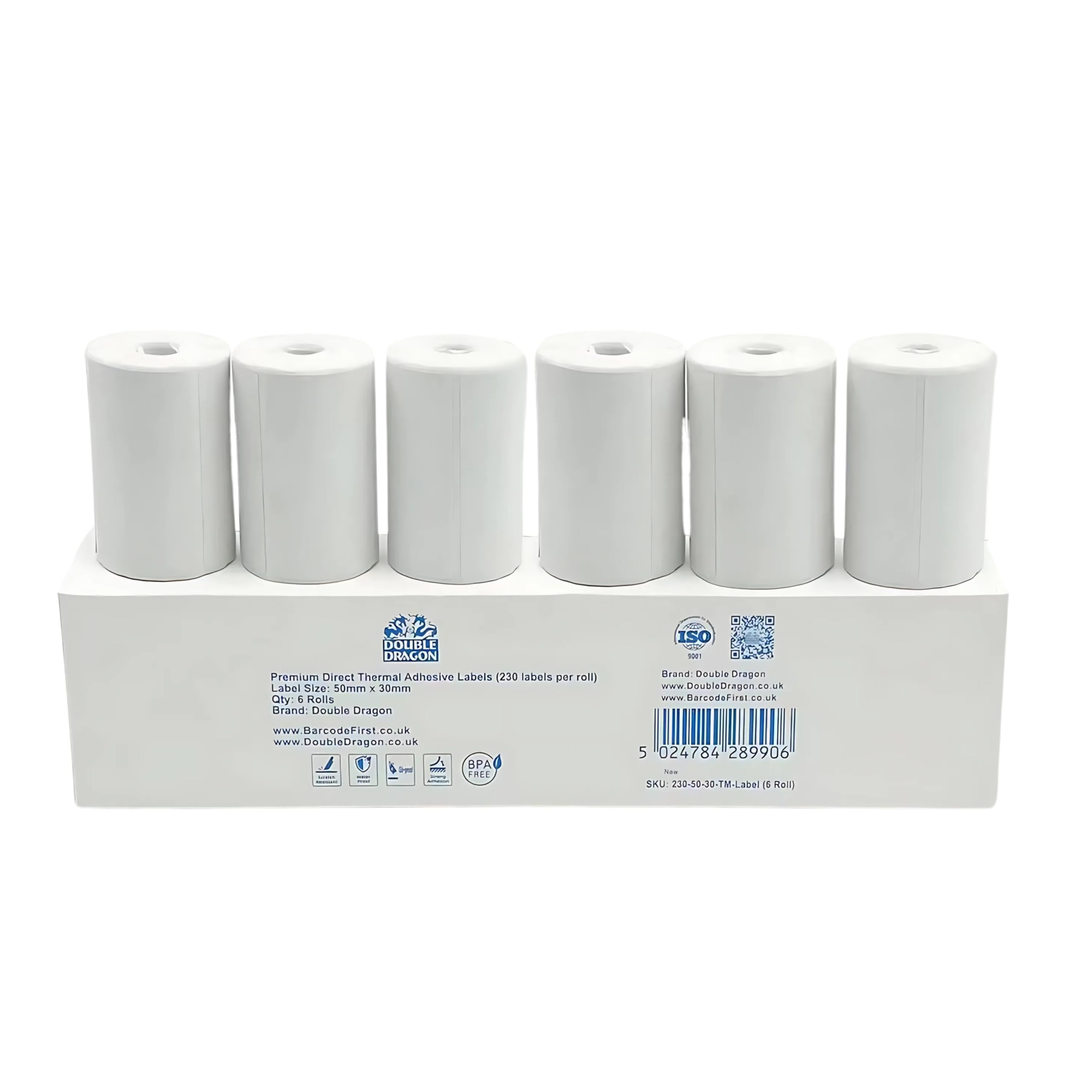 Double Dragon Thermal Labels – 6 Rolls, 50x30mm, Self-Adhesive, Multipurpose for Address & Price Tagging – Compatible with Phomemo M200, M220, M221, Zebra, Munbyn, Rollo and Others – 230 Labels/Roll