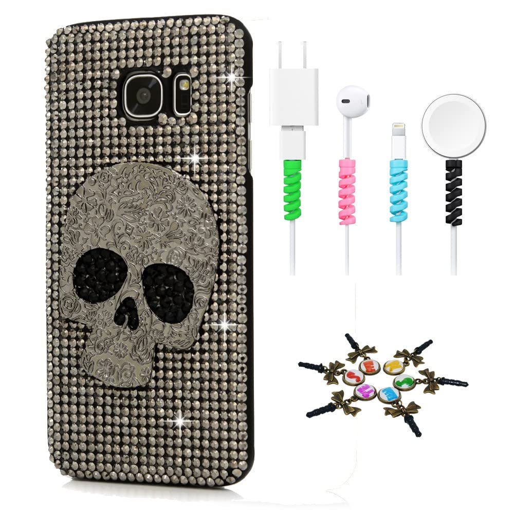STENES Sparkle Case Compatible with Samsung Galaxy A50 - Stylish - 3D Handmade Bling Big Skull Design Cover Case with Cable Protector [4 Pack] - Silver