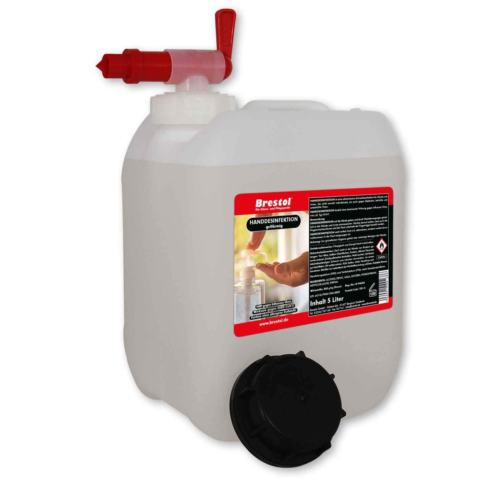 HANDDESINFEKTION Gel 5 Liter + Auslaufhahn 51 mm + Reduzierspitze - Desinfektionsmittel für Hand Haut Hände Desinfektion Händedesinfektion Desinfektionsgel Geldesinfektion gelförmig