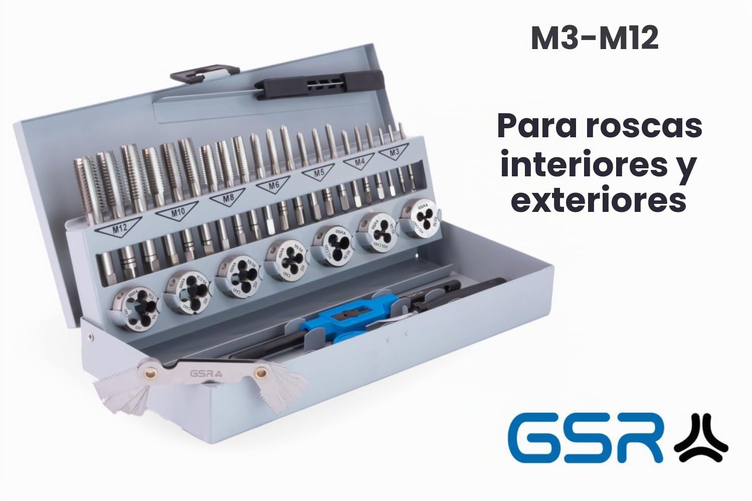Juego de herramientas para roscar HSSG métrica | M3-M12 | 32 piezas | machos, terrajas y porteherramientas
