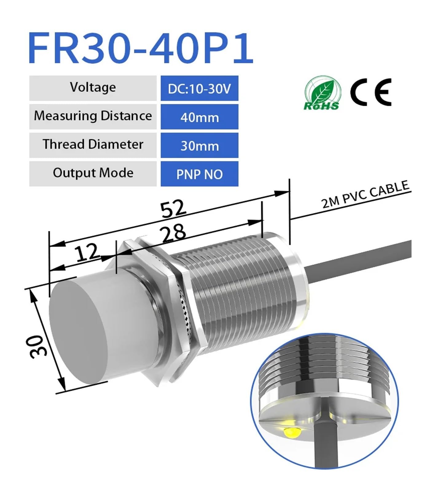 HJCMOONB 1 Pcs M30 Long Distance Proximity Sensor 12-24V DC NPN PNP Sensing Range 20mm 25mm 40mm Industrial Non-Contact Sensor Switch