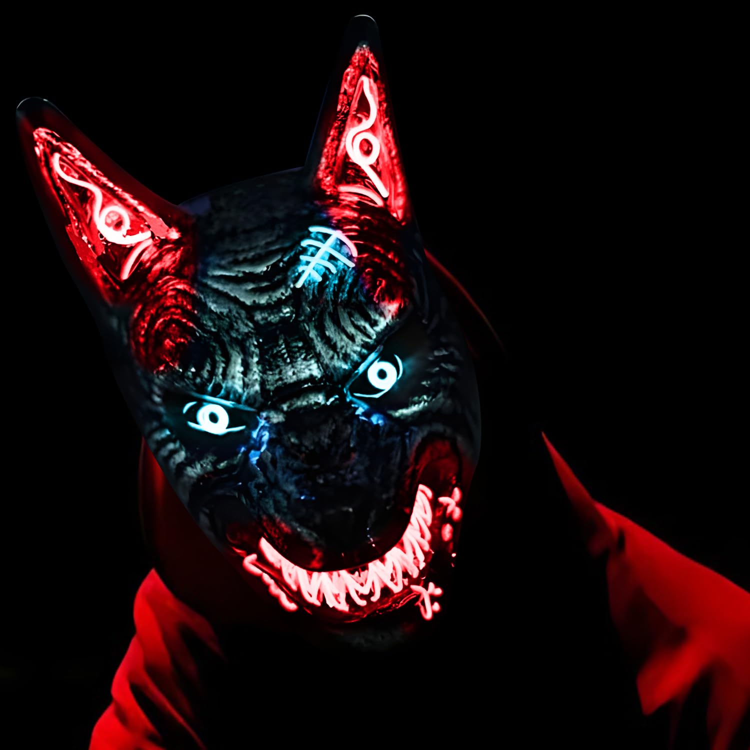 Ginkago 3pcs Fox Mask Cosplay Set Led Anime Mask Light Up Japanese Costume Accessories for Kids Adults Halloween Masquerade