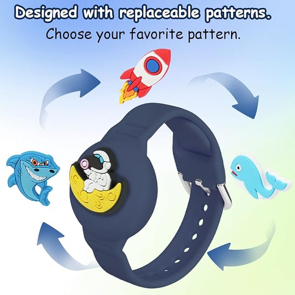 AXFEE Pulsera Compatible con Air-tag,1PC Pulsera de Silicona para Niños,con 4 Patrones DIY,Funda Protectora Ajustable Antipérdida,Impermeable Pulseras para Niños Mayores para Air-tag GPS Tracker, Azul - 4
